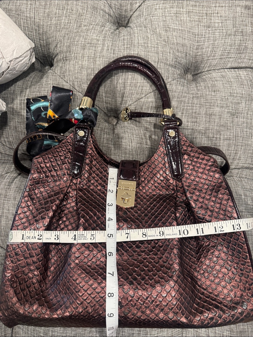 Brahmin Bag Elisa Brown Purple Python Embossed Satchel with Matching Pouch - Picture 17 of 17